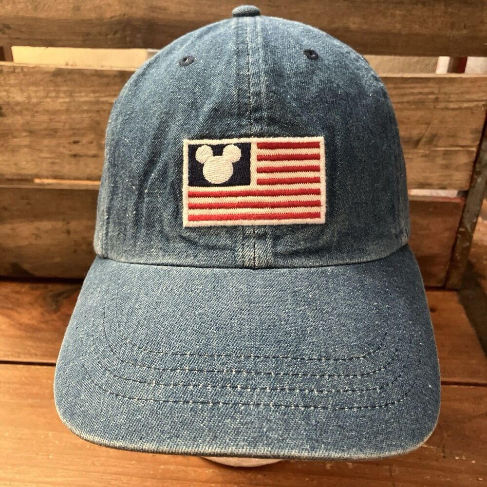 Vintage Mickey Mouse American Flag Disney Strapback Adjustable Cap USA Denim NEW
